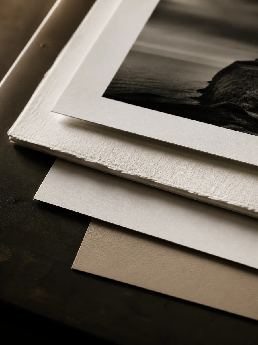 Dettaglio delle superfici e delle fibre di diverse carte Fine Art